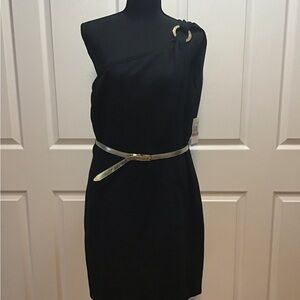 Michael Kors Black Sheath Dress Knee-Length One Shoulder Cocktail